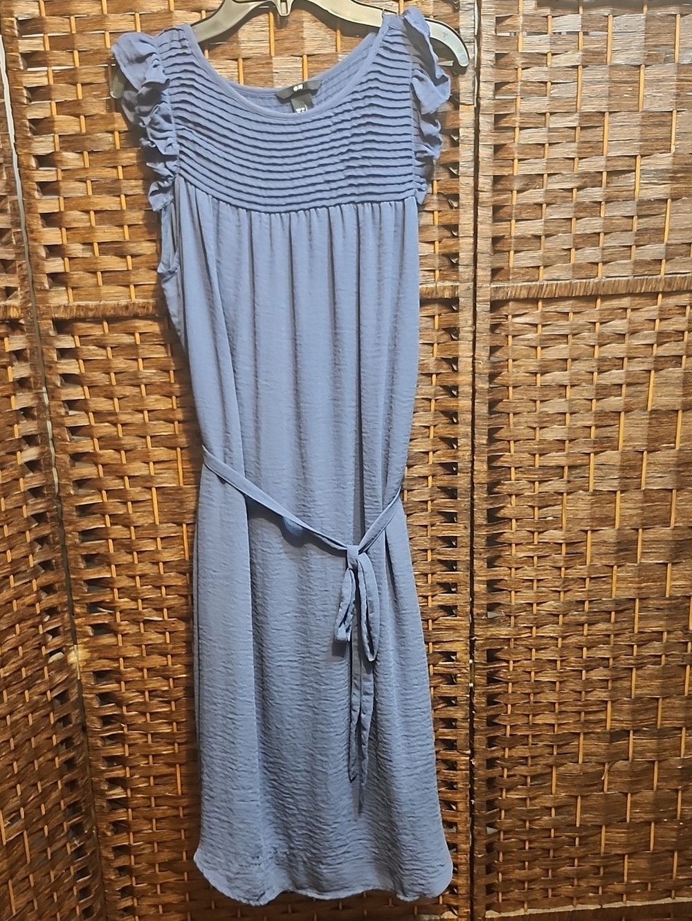 H&M Light Blue Ruffle-Shoulder Midi Dress with Waist Tie